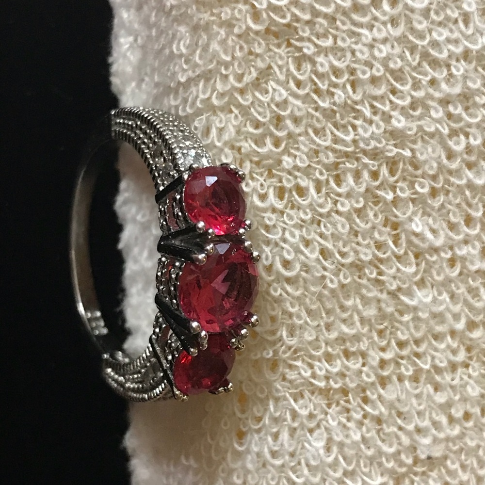 Simulated Ruby 3 Stone Band Ring - image 2